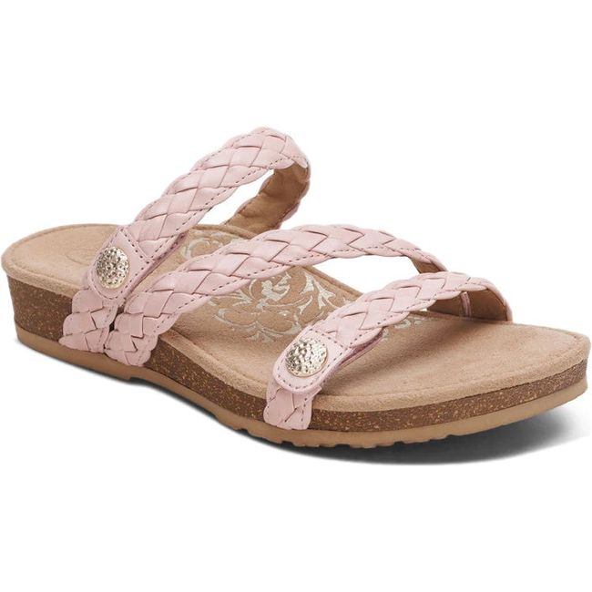 Front angled view of Women's Aetrex Josie Arch Support Slide Sandal in Rose Pink