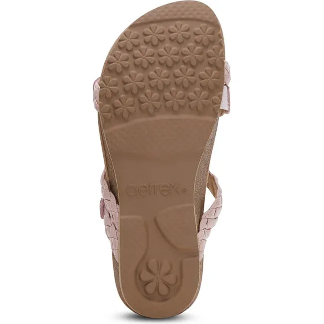 Tan sole of Women's Aetrex Josie Arch Support Slide Sandal in Rose Pink upper