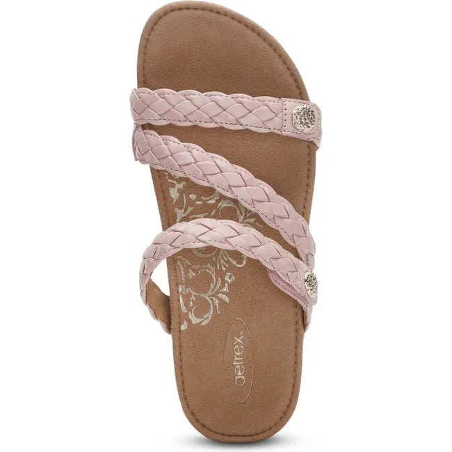 Top down view of Women's Aetrex Josie Arch Support Slide Sandal in Rose Pink with adjustable straps