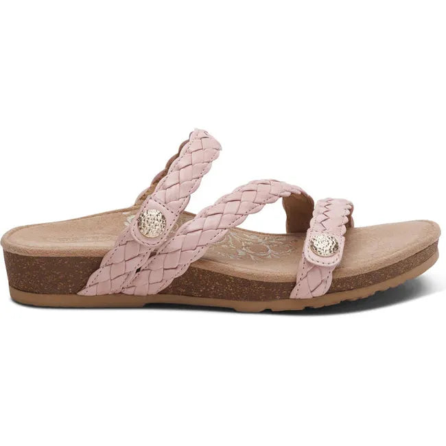 Lateral side of Women's Aetrex Josie Arch Support Slide Sandal in Rose Pink with adjustable straps