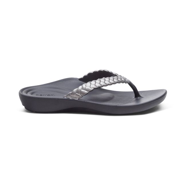 Lateral profile of Aetrex Women's Vicki Braided Thong Sandal in pewter gloss