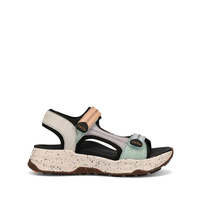 Lateral side of Women's Taos Super Side Sandal in Retro Emboss Multi with velcro straps