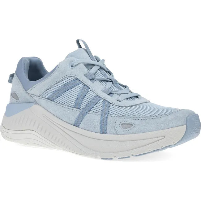 Front angled view of Women's Dansko Poppy Sneaker in sky blue suede with white cushioned sole