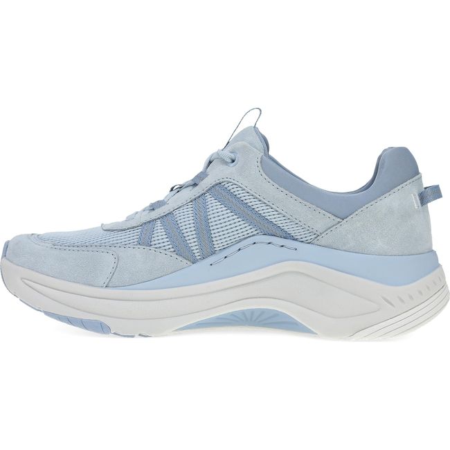 Medial side of Women's Dansko Poppy Sneaker in sky blue suede with white cushioned sole