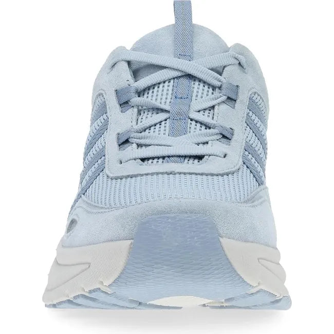 Front of Women's Dansko Poppy Sneaker in sky blue suede with white cushioned sole