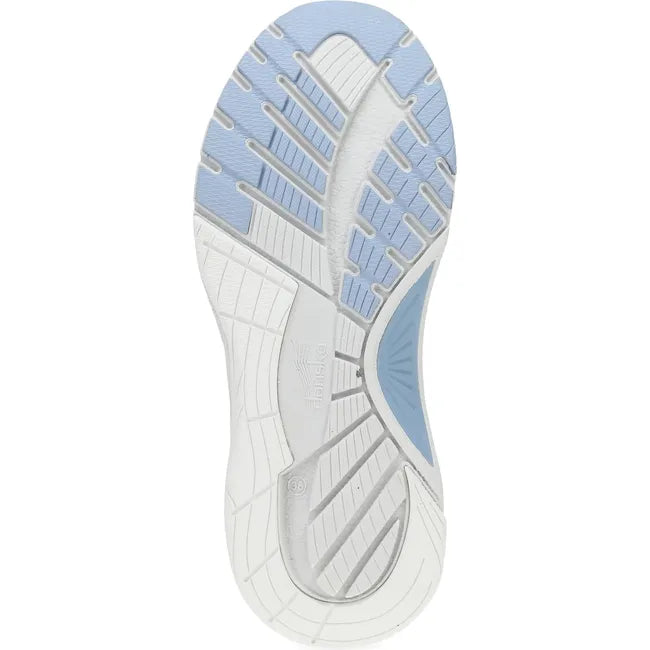Sole of Women's Dansko Poppy Sneaker in sky blue suede upper with white sole and blue tread