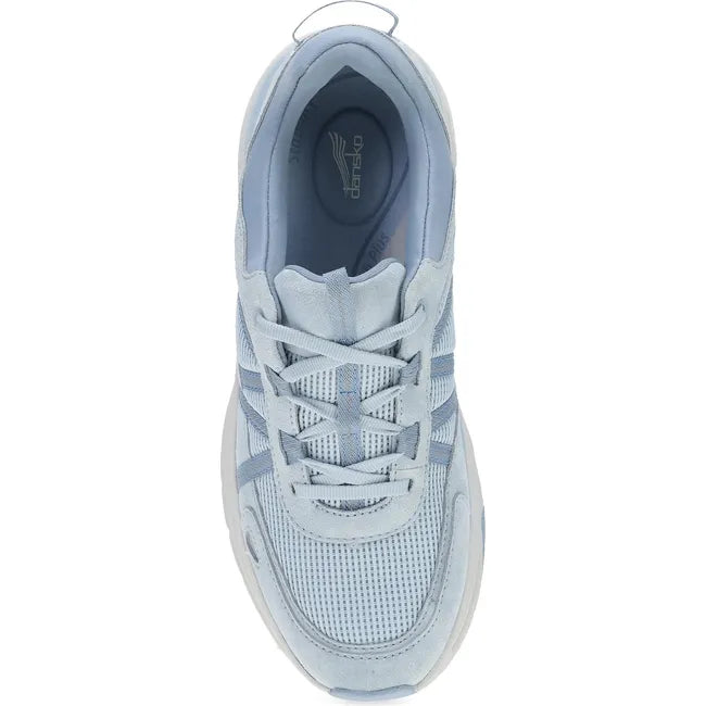 Top down view of Women's Dansko Poppy Sneaker in sky blue suede with laces