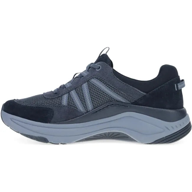 Dansko Poppy sneaker in navy suede, side profile showing active sole