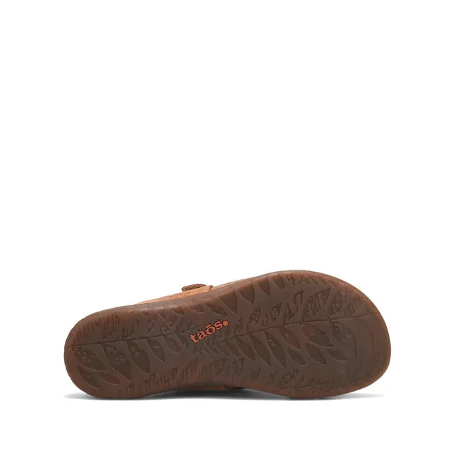 Brown sole of Women's Taos Perfect Sandal in tan leather upper