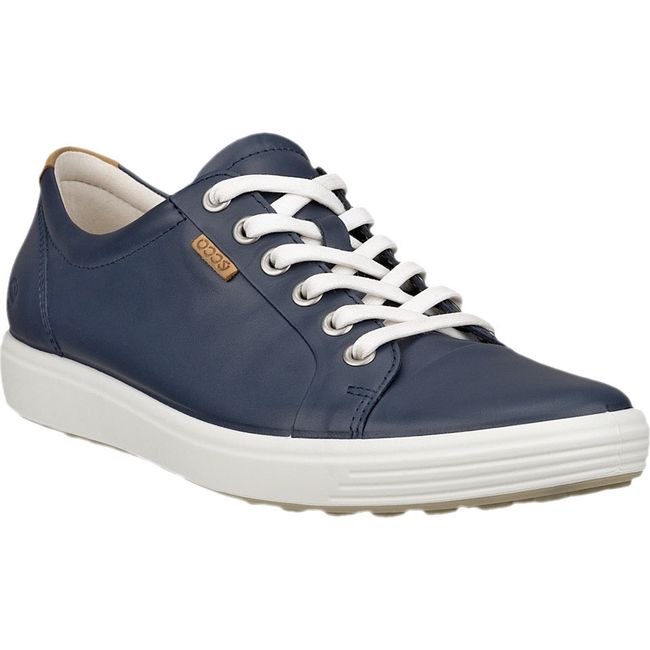 Front angled view of Women's ECCO Soft 7 Leather Lace Up Sneaker in Marine Blue