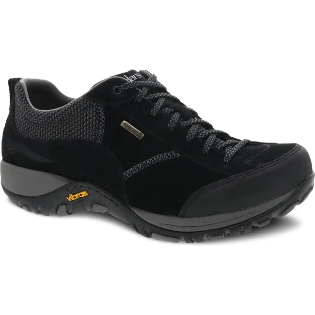 Front angled view of Women's Dansko Paisley Waterproof Shoe in black suede with vibram sole