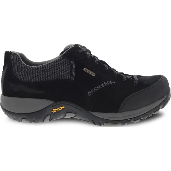 Lateral side of Women's Dansko Paisley Waterproof Shoe in black suede with vibram sole