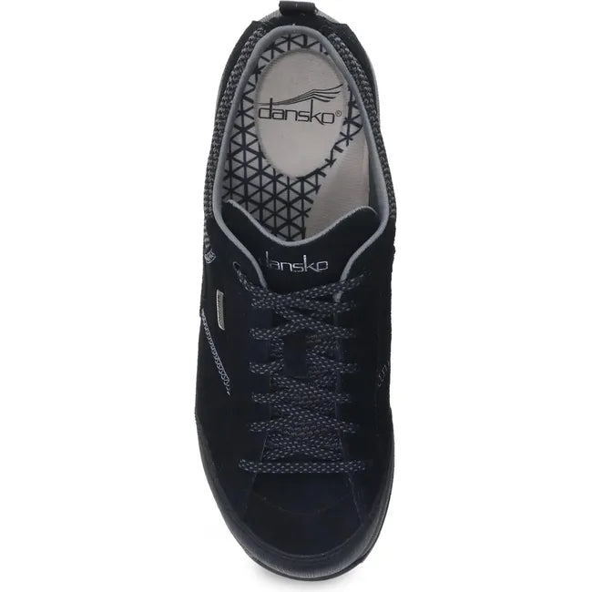 Top down view of Women's Dansko Paisley Waterproof Shoe in black suede with vibram sole