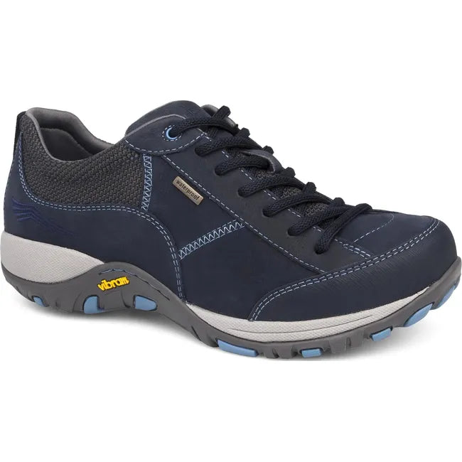 Front angled view of Women's Dansko Paisley Waterproof Shoe in navy milled nubuck with vibram sole