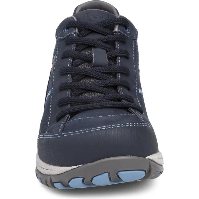 Front of Women's Dansko Paisley Waterproof Shoe in navy milled nubuck with vibram sole