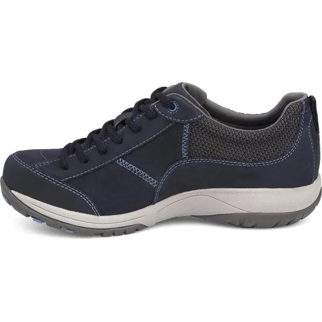 Medial side of Women's Dansko Paisley Waterproof Shoe in navy milled nubuck with vibram sole