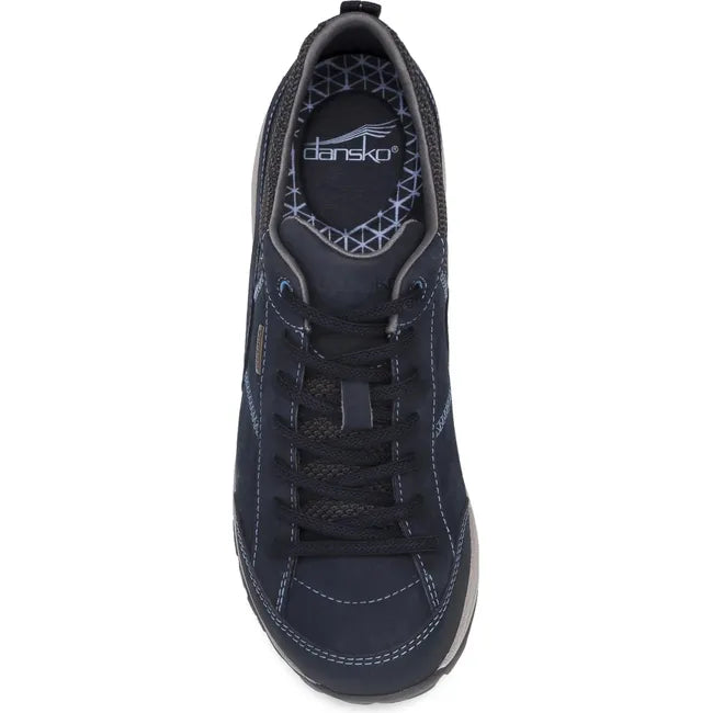 Top down view of Women's Dansko Paisley Waterproof Shoe in navy milled nubuck with vibram sole