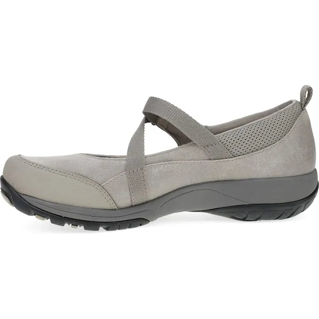 Medial side of Women's Dansko Primrose Mary Jane Shoe in taupe suede with velcro strap