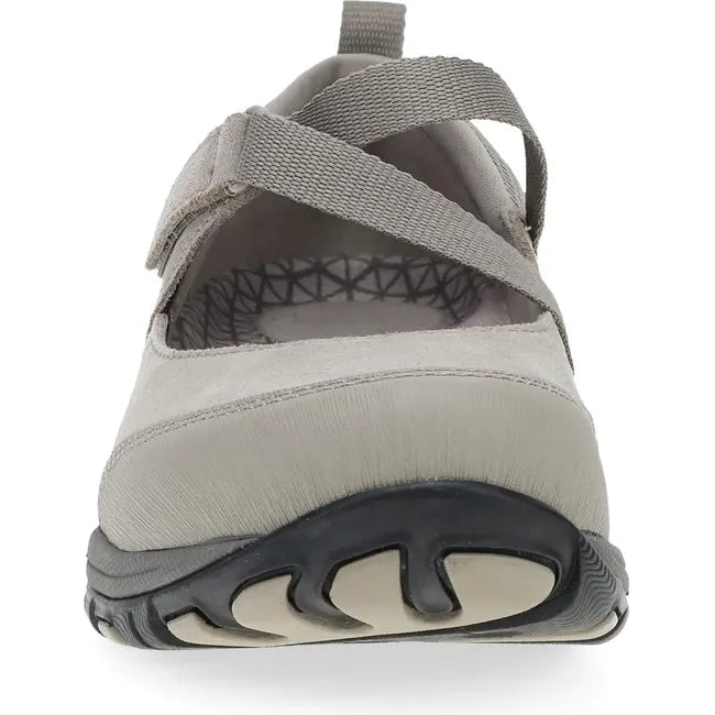 Front of Women's Dansko Primrose Mary Jane Shoe in taupe suede with velcro strap