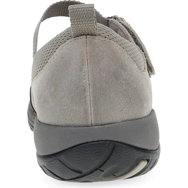 Heel of Women's Dansko Primrose Mary Jane Shoe in taupe suede with velcro strap