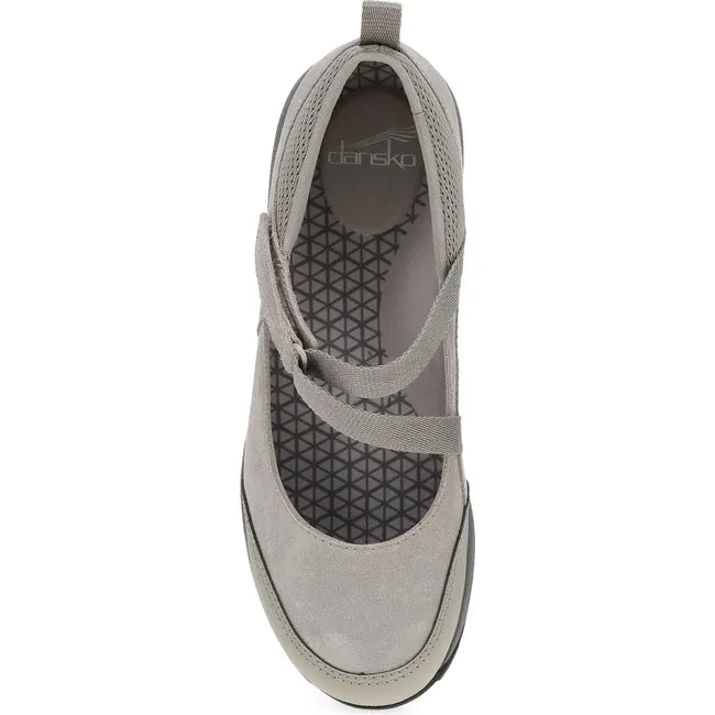 Top down view of Women's Dansko Primrose Mary Jane Shoe in taupe suede with velcro strap