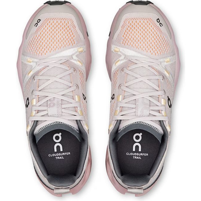 Top down view of Women's On Running Cloudsurfer Trail Running Shoes in Silver and Mauve
