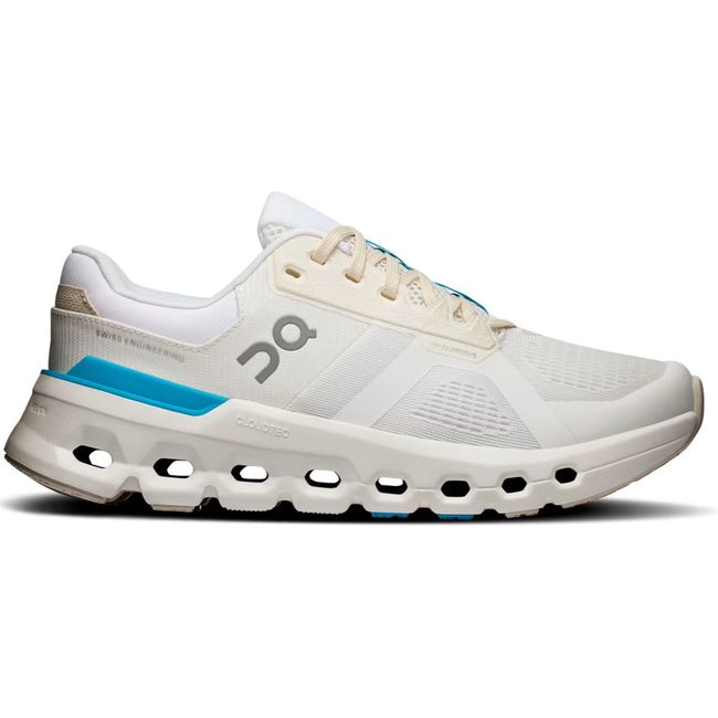 Lateral side of On Running Women's Cloudrunner 2 Running Shoe in white horizon