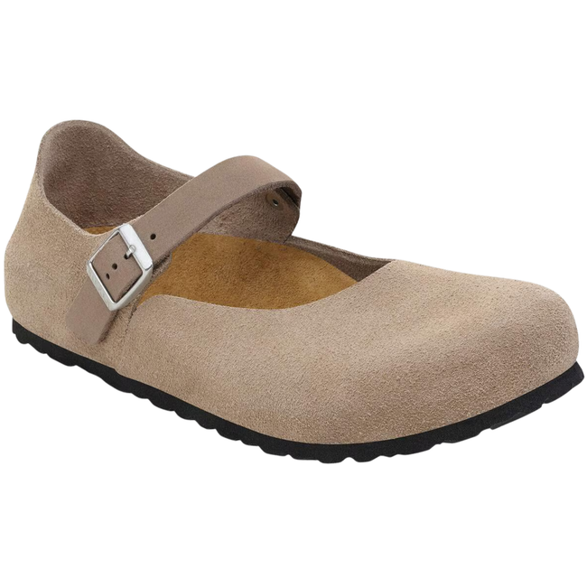 Angled Side of Birkenstock Women's Mantova Suede Mary Jane in Taupe 
