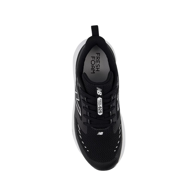 Top down view of Kids New Balance Fresh Foam 625 Running Shoe in black mesh with a white sole