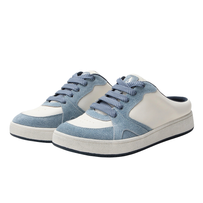Pair of Alegria Women's Celeste Slide Sneakers in Indigo and White