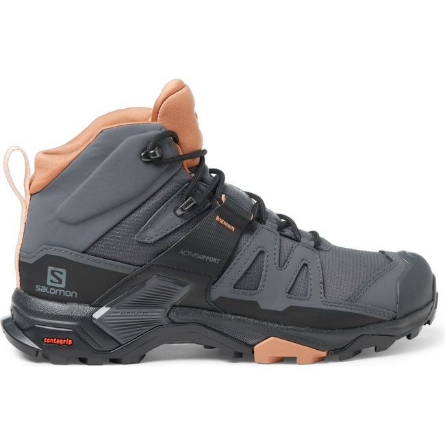 Lateral side of Women's Salomon X Ultra 4 Mid Gore-Tex Hiking Shoe in Ebony/Mocha color