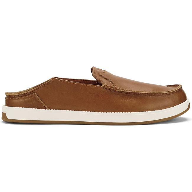Lateral side of Men's Olukai Kakaha Nia Loafer in Fox Fox Tan leather with drop-in heel down