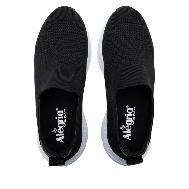 Top down view of Women&#39;s Alegria Waze slip on shoes in black knit upper and white soles