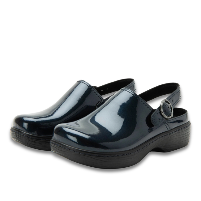 Pair of Alegria Women's Olie Clogs in Space Invaders Navy with adjustable back straps