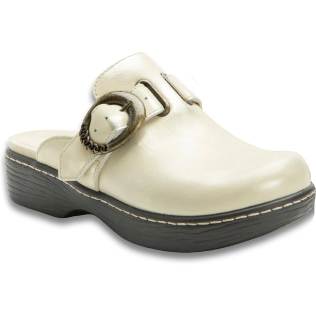 Front angled view of Alegria Women's Osmosis Clog in Gold Cream Leather