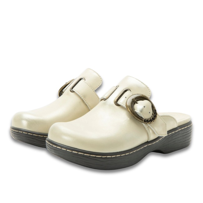 Pair of Alegria Women's Osmosis Clog in Gold Cream Leather