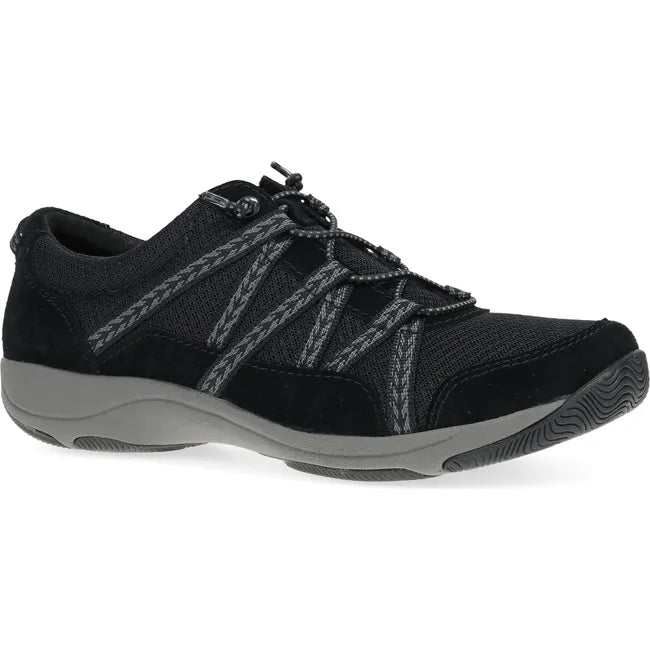 Front angled view of Women's Dansko Harlyn Sneaker in black black suede with elastic laces