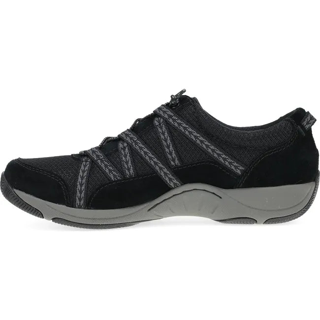 Medial side of Women's Dansko Harlyn Sneaker in black black suede with elastic laces