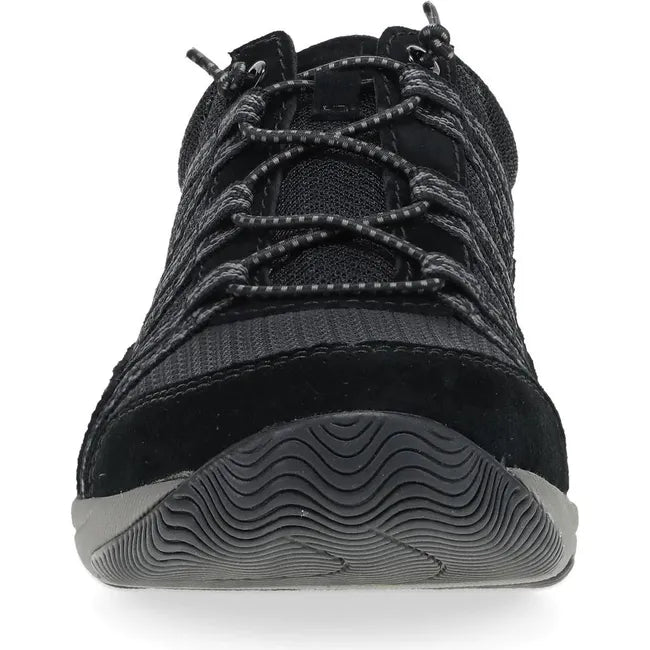 Front of Women's Dansko Harlyn Sneaker in black black suede with elastic laces