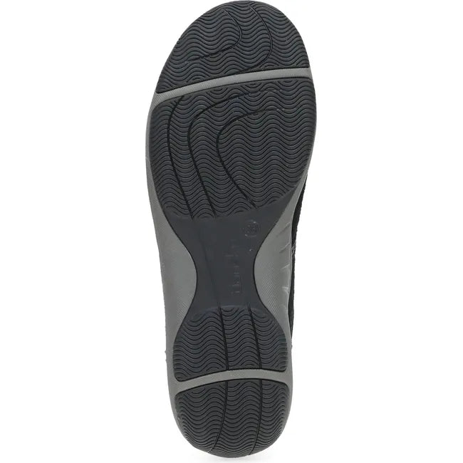 Sole of Women's Dansko Harlyn Sneaker in black black suede upper with gray sole and black tread