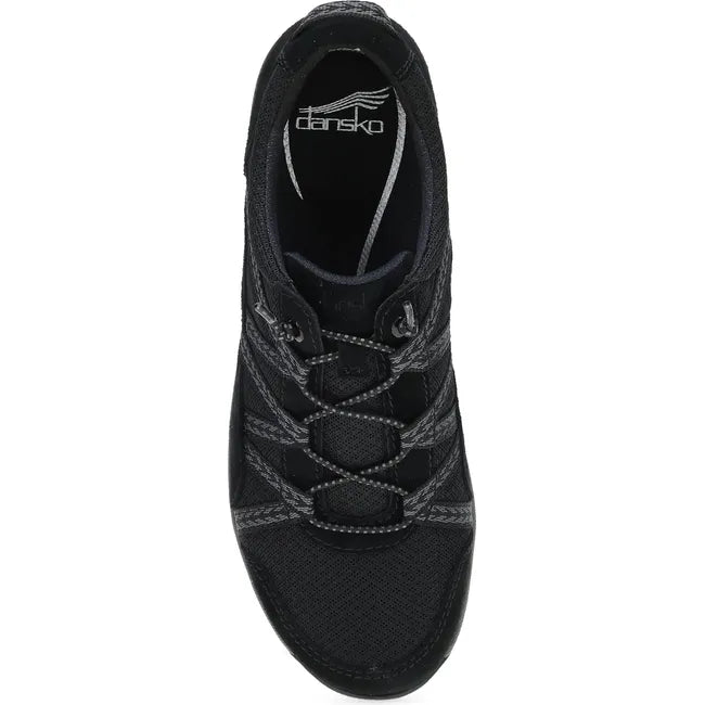 Top down view of Women's Dansko Harlyn Sneaker in black black suede with elastic laces