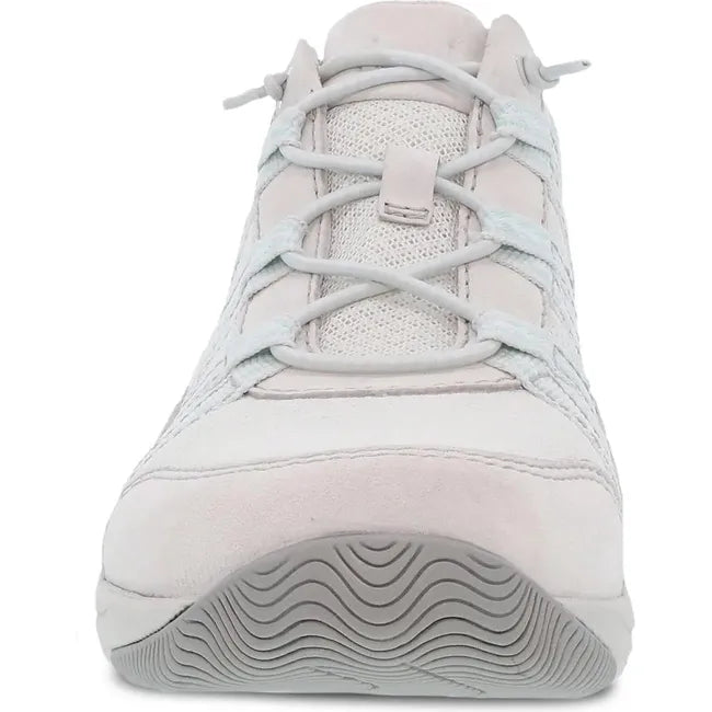 Front of Women's Dansko Harlyn Sneaker in ecru suede with elastic laces