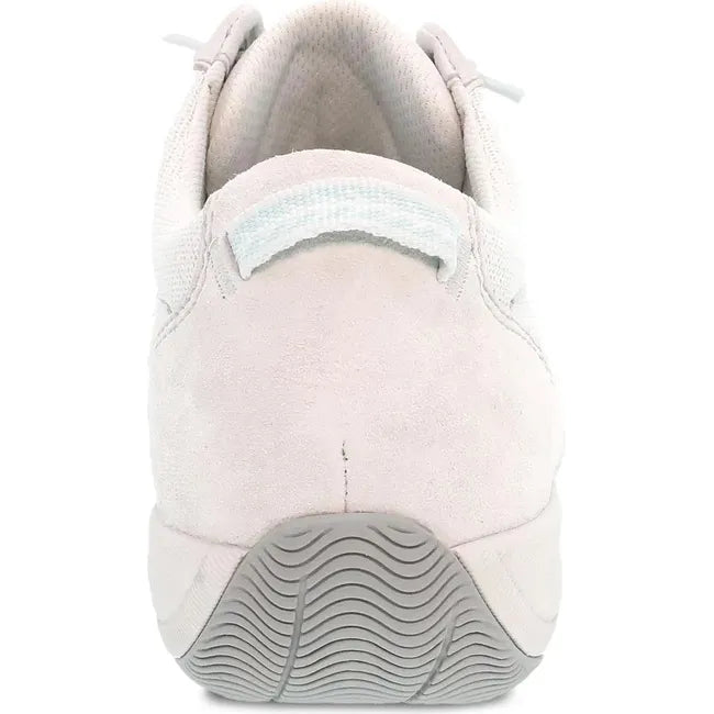 Heel of Women's Dansko Harlyn Sneaker in ecru suede with elastic laces