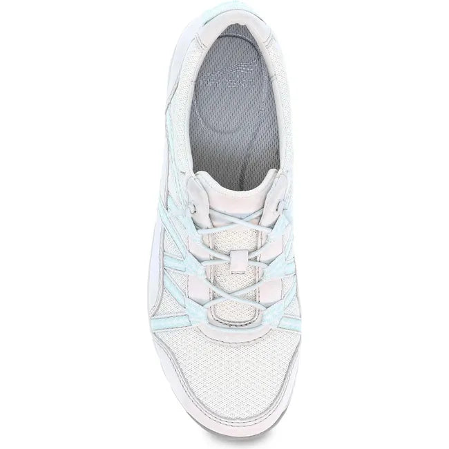 Top down view of Women's Dansko Harlyn Sneaker in ecru suede with elastic laces