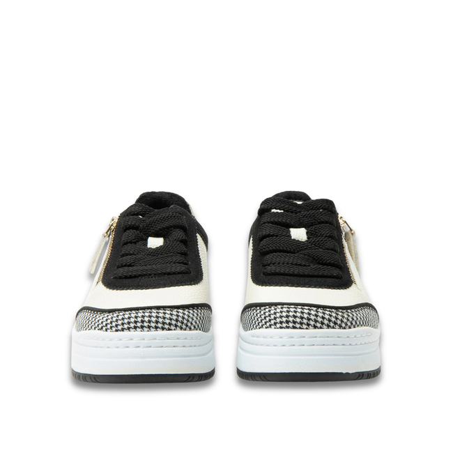 Front of Alegria Women's Averie Sneakers in Houndstooth Black and Beige