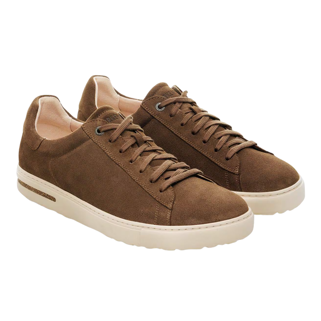 Angled Pair of Birkenstock Unisex Bend Low Sneaker in Dark Tea Brown Suede