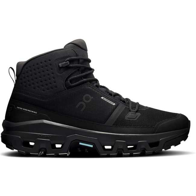 Lateral side of On Running Men's Cloudrock Mid Waterproof Hiking Boot in all black