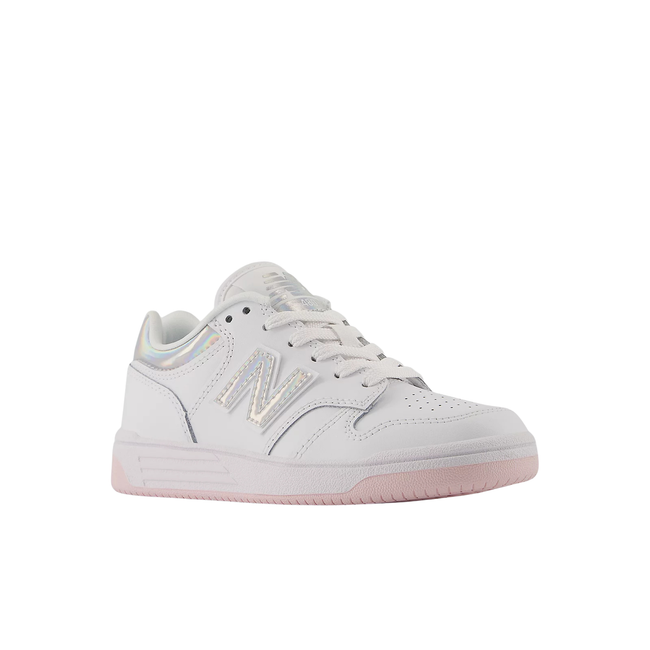Front angled view of New Balance Little Kids' 480 Lifestyle Shoe in White and Pink