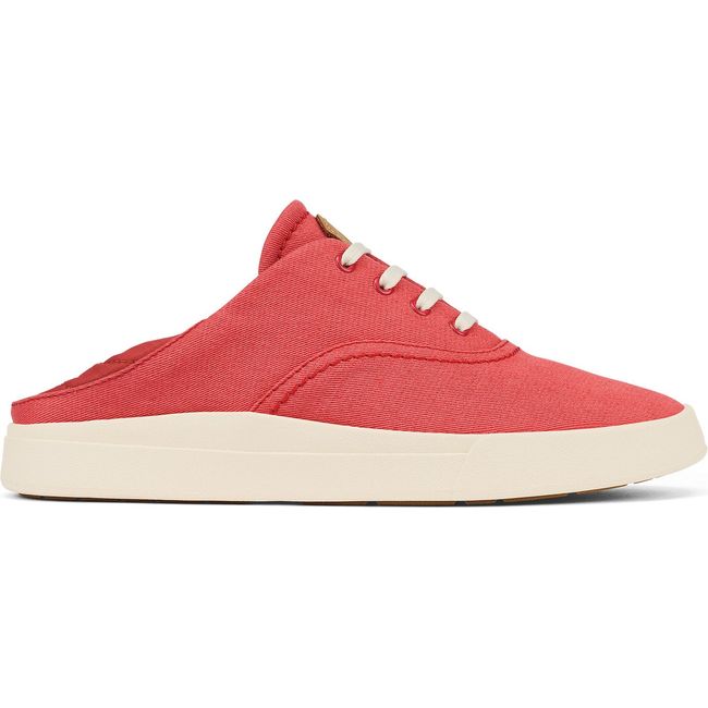 Lateral side of Women's Olukai Kohu Sneaker in Lehua Flower Pink canvas with Drop-In Heel down