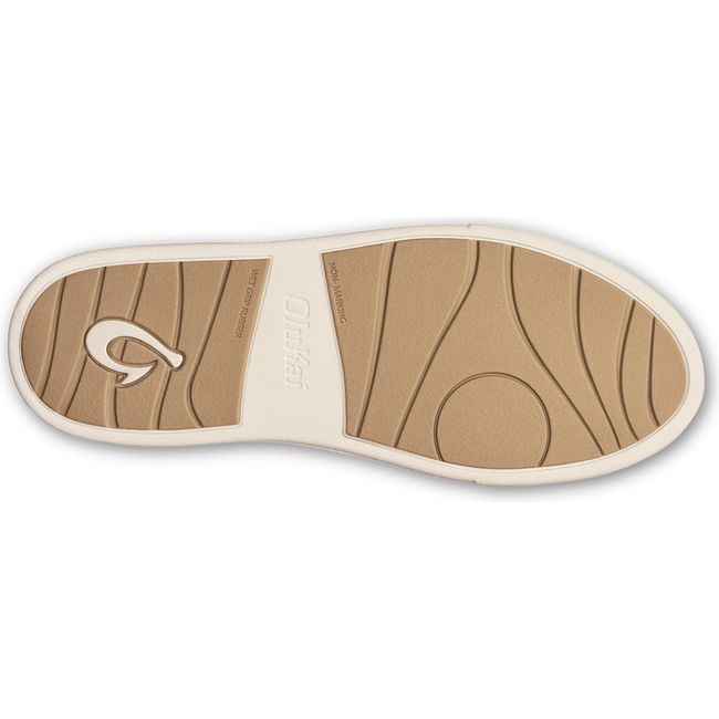 Sole of Women's Olukai Kohu Sneaker in Lehua Flower Pink canvas with white and tan sole